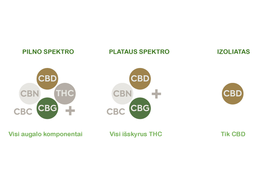 Skirtumai tarp pilno spektro CBD aliejaus, plataus spektro CBD aliejaus ir CBD izoliato.